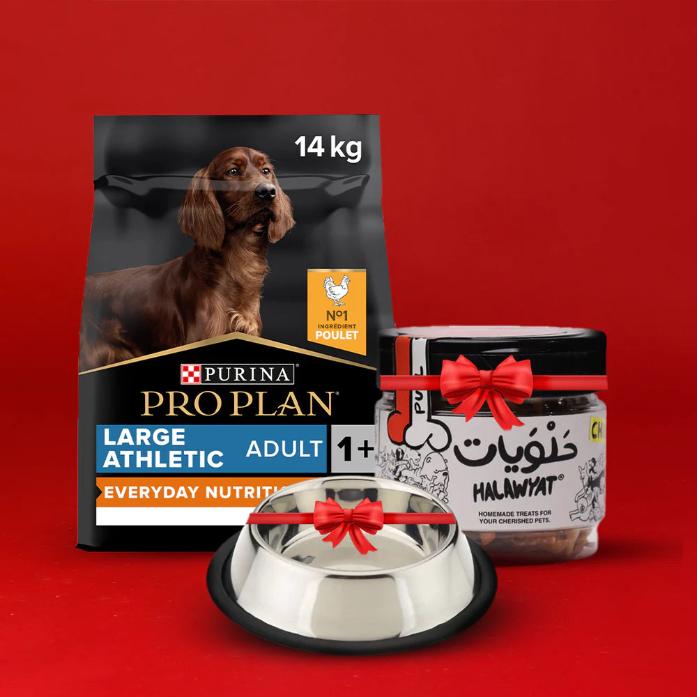طعام الكلاب الجاف PRO PLAN® Large Athletic OPTIBALANCE® الغني بالدجاج - 14 كجم + مكافآت ووجبة خالية من الأطباق