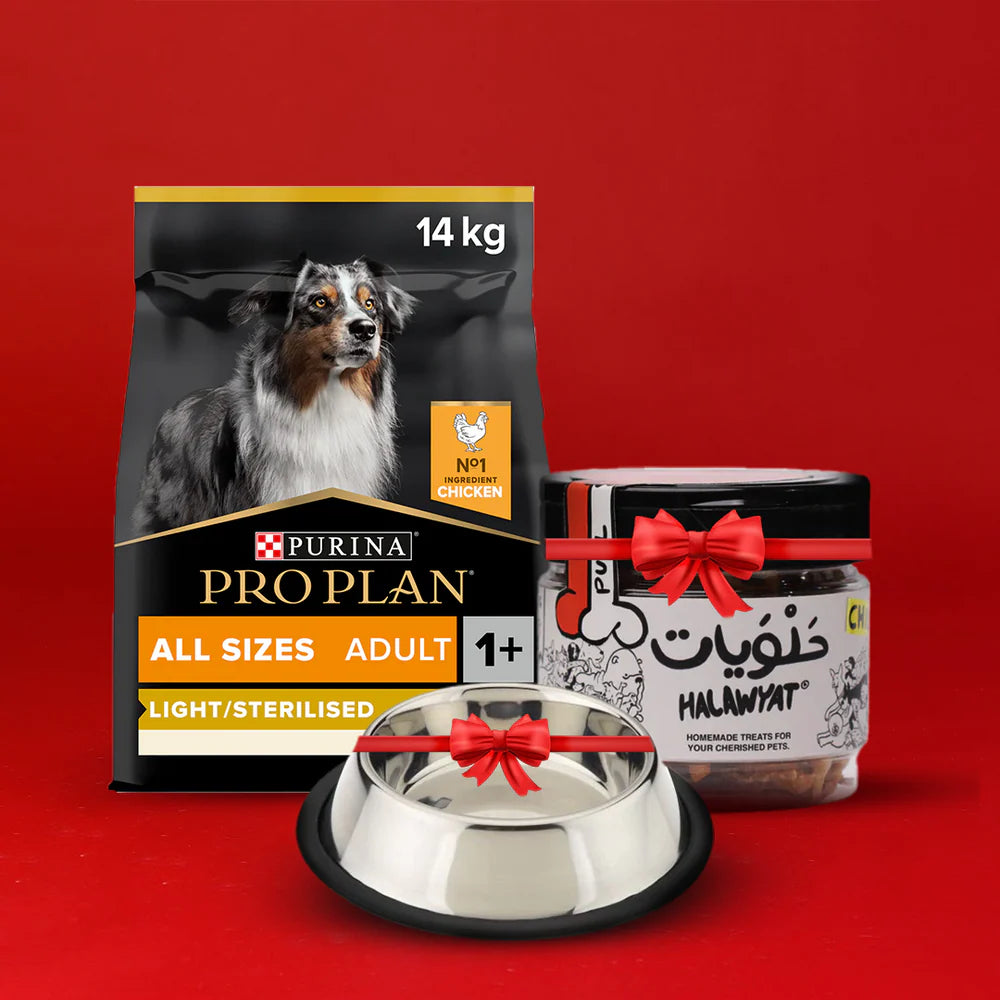Pro Plan® جميع الأحجام للبالغين خفيف/معقم مع OPTIWEIGHT®، طعام جاف غني بالدجاج للكلاب + مكافآت وخالٍ من الأوعية