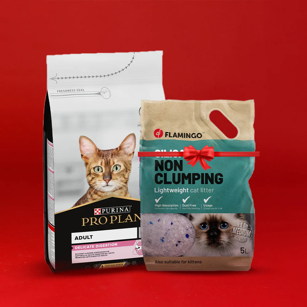Cat Care Bundle: Purina Pro Plan Adult Delicate Digestion Cat Food + Flamingo Crystal 5L