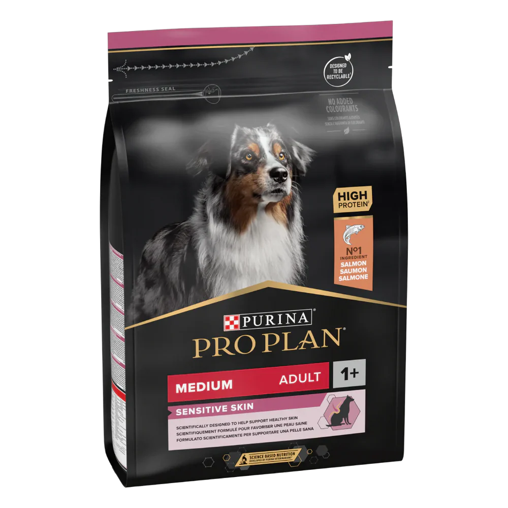 طعام جاف PURINA® PRO PLAN® للكلاب متوسطة الحجم والبالغة ذات البشرة الحساسة مع OPTIDERMA® الغني بالسلمون