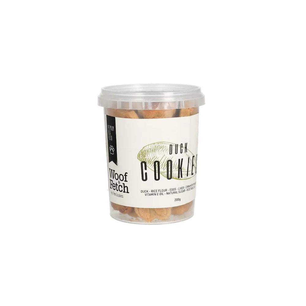 طعام الكلاب Woof &amp; Fetch بنكهة بسكويت البط (200 جرام)
